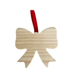 Wooden Bow Ornament Red Ribbon Natural Wood Unfinished Craft Decor Gift